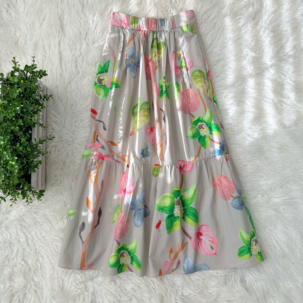 Tibi Floral Leaf Grasshopper Midi Skirt Tan Spring Colors 00